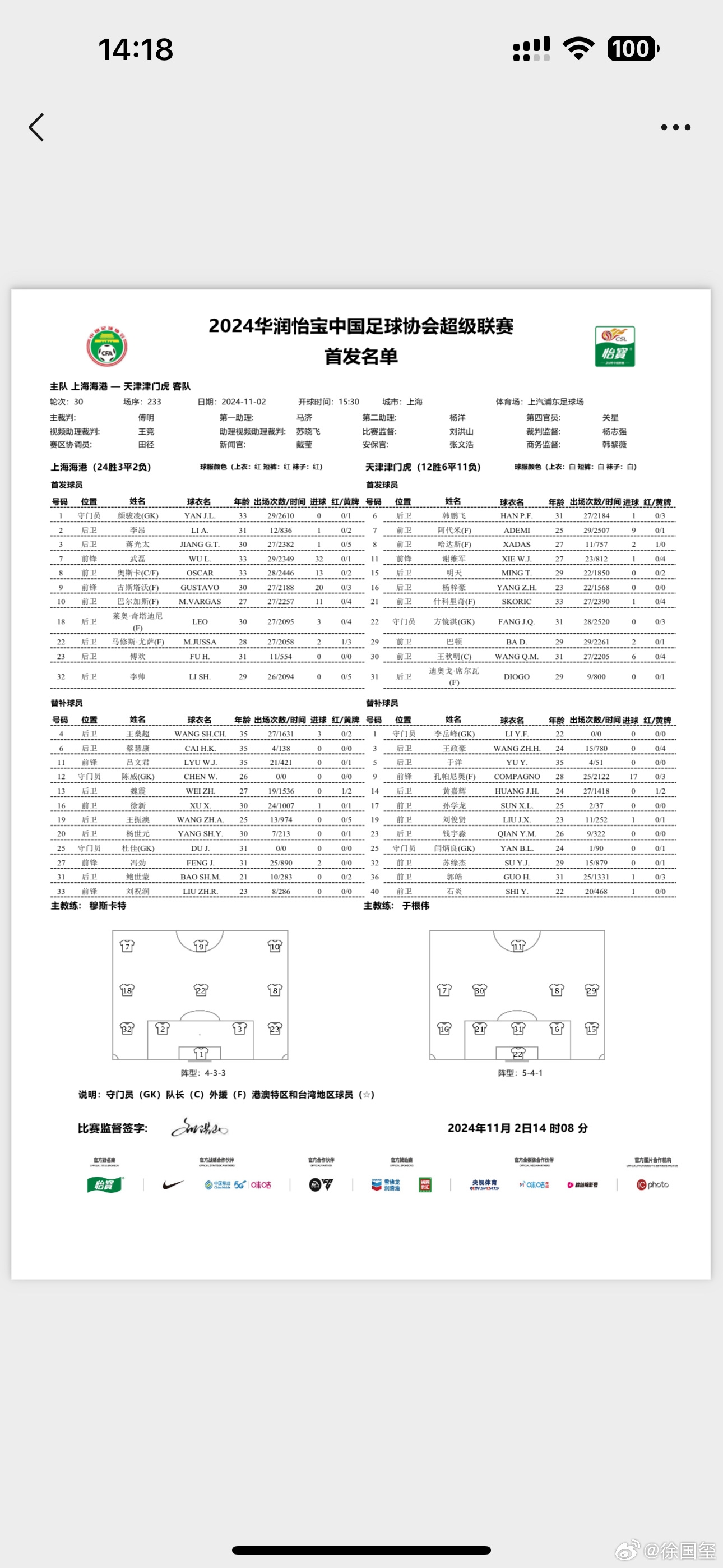 中超收官|海港vs津门虎首发